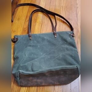 In Blue   Green Canvas Shoulder, Crossbody Bag with Brown Leather Unisex